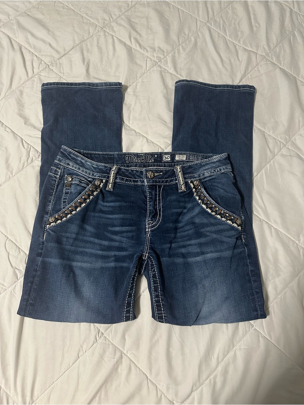 Miss Me Dark Blue Boot Cut Jeans with Embellished Pockets